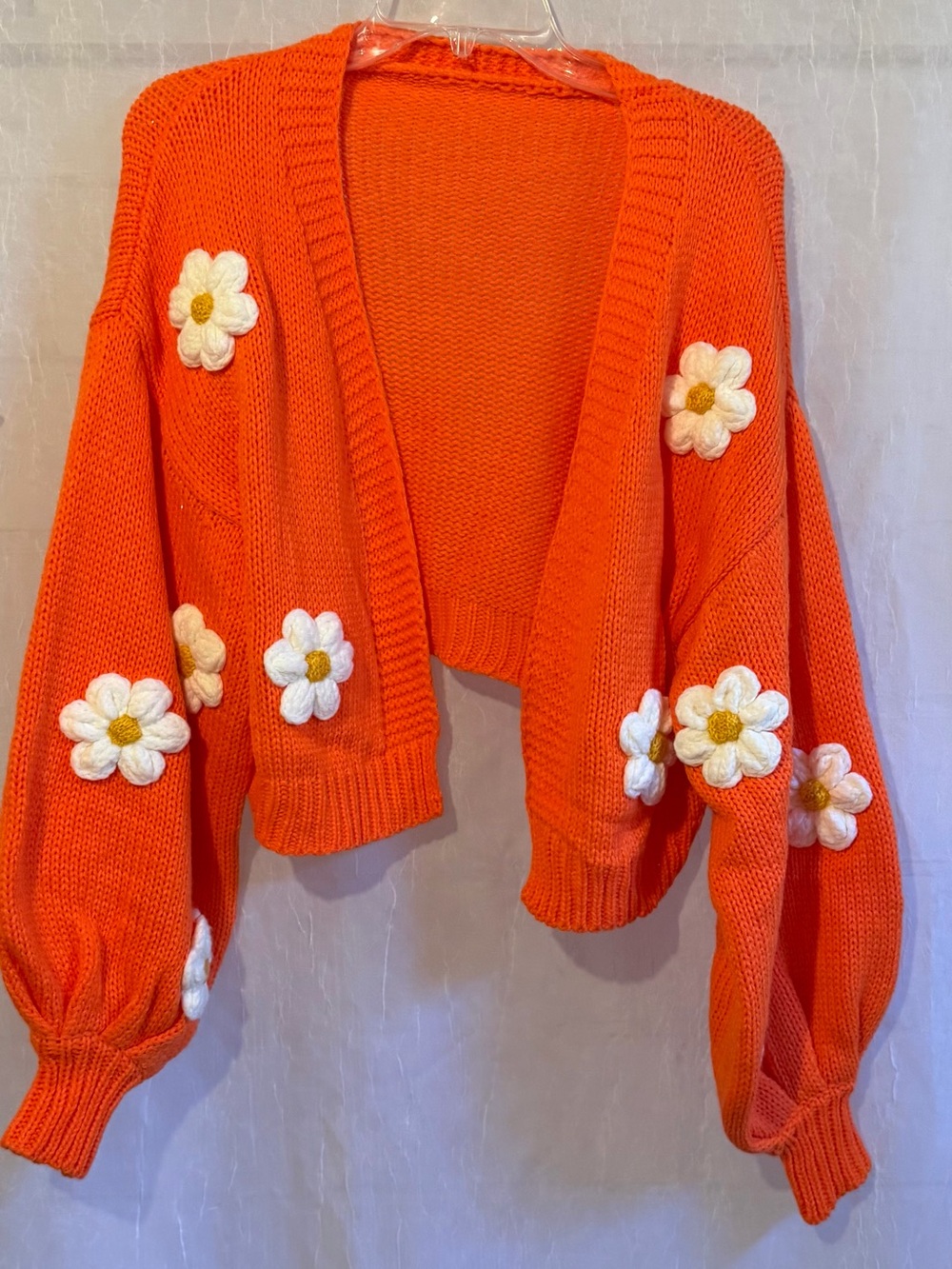 Orange L  Acrylic Knit Open Front Cropped Cardigan Floral Appliqué Long Sleeve
